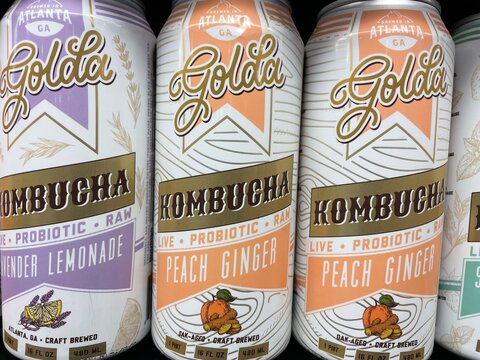 Retail grocery store Golda Kombucha can drink variety