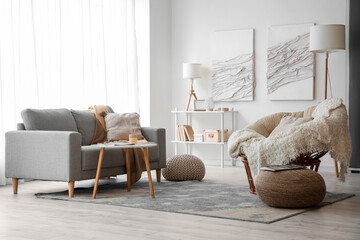 Fototapeta Interior of modern living room with sofa, armchair and creative artwork obraz