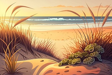 Fototapeta na wymiar Australia's white sand, dune grass, and Pacific Ocean surf at sunrise. Generative AI