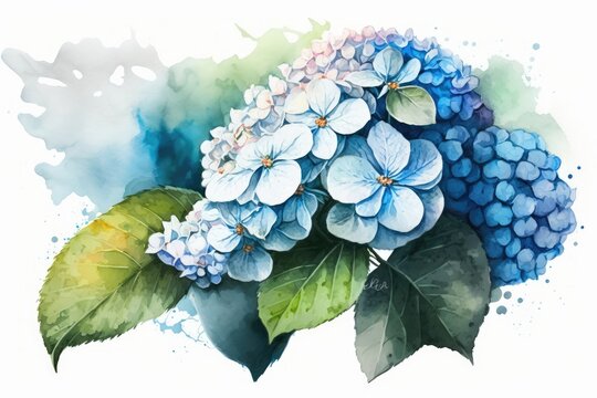 Watercolor painting of a hydrangea. Flowers in blue and white for the summer. Generative AI