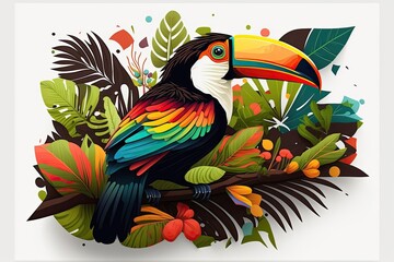 The summer toucan is a great addition to any tropical beach theme. Hawai'ian print features a flora and fauna exotic bird. Generative AI