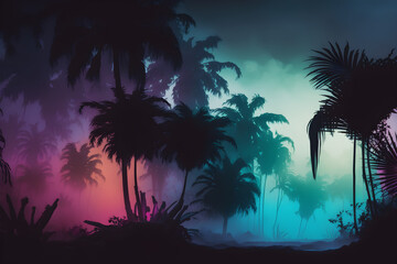 Fototapeta na wymiar gradient of colour in the mist, tropical punk shadows of the wild palms, mystical, intriguing, morning lighting, superb quality cinematic, wallpaper, Generative AI