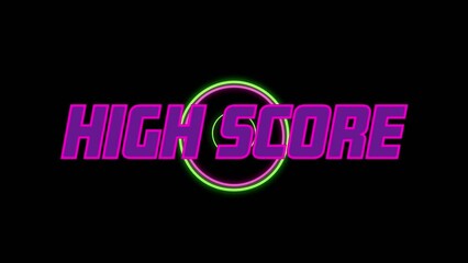 Animation of high score text over colorful shapes on black background - Powered by Adobe