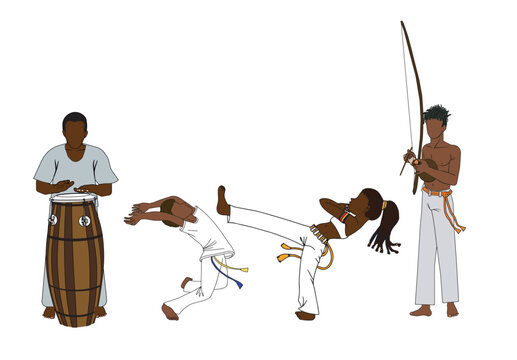 Original name(s): Brazilians from the state of Bahia playing capoeira in the center and one playing atabaque and the other playing berimbau. Vector illustration isolated on white background.