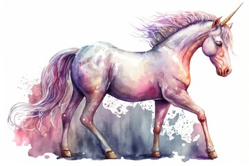Naklejka na ściany i meble Clipart illustration of a cute watercolor unicorn, with only the image and no context. Lovely watercolor painting of a unicorn. This magical, stylish horse cartoon is ideal for use in children's room