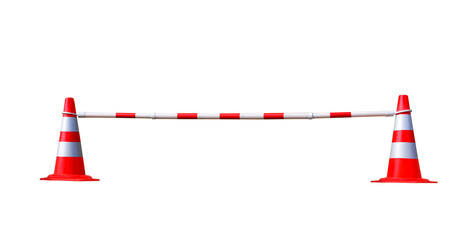 Two red and white traffic cones with adjustable barrier bar on transparent background, png file
