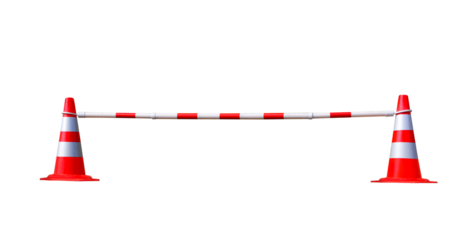 Two red and white traffic cones with adjustable barrier bar on transparent background, png file