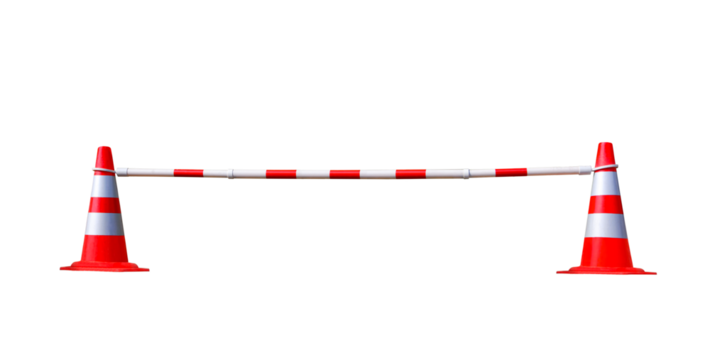 Two red and white traffic cones with adjustable barrier bar on transparent background, png file
