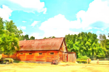 Obraz na płótnie Canvas Watercolor rural landscape. Barn, stable in the village. Cart with hay, hedge on the background of the forest. Digital painting. Drawing watercolor. Travel and vacation concept.