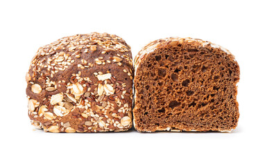 Fresh loaves of rye bread with various seeds isolated on white background