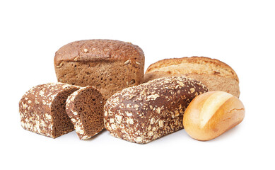 Loaves of different bread isolated on white background