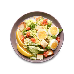 Plate of delicious salad with boiled eggs and salmon isolated on white background