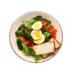 Fototapeta na wymiar Plate of delicious salad with boiled eggs and salmon isolated on white background