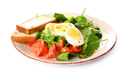 Plate of delicious salad with boiled eggs and salmon isolated on white background