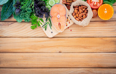 Ketogenic low carbs diet concept. Ingredients for the healthy foods selection  set up on wooden...