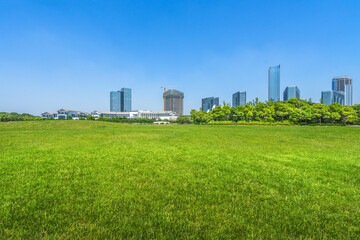 Fototapeta na wymiar cityscape and skyline of suzhou from meadow in park