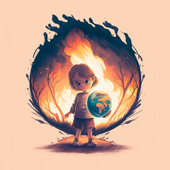 Girl Holding a Burning Earth for Environmental and Global warming concept. Generative AI. - 576894905