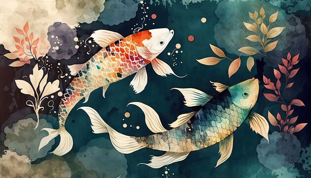 4K resolution or higher, koi fish decorate in water color texture. Generative AI Technology