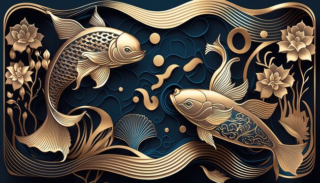 4K resolution or higher, oriental line art with golden texture. Wallpaper design with flower and koi carp fish. Generative AI Technology
