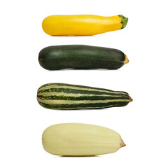 Zucchini of different varieties, shapes and size. Green, striped, yellow. Fresh vegetables from the garden. Health, proper piat and vitamins. Isolated on a white background. Square format.