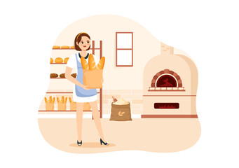 Bread Mill Illustration with Wheat Sacks, Various Breads and Windmill for Web Banner or Landing Page in Flat Cartoon Hand Drawn Templates