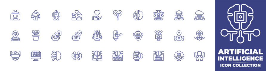 Artificial intelligence line icon collection. Editable stroke. Vector illustration. Containing robot, automaton, gear, layers, cloud, growth, notes, location, head, computer, and more.