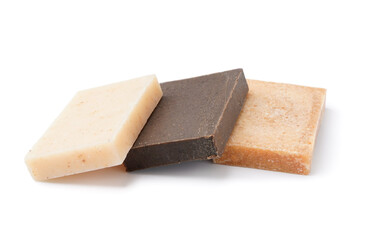 Set of natural soap bars on white background