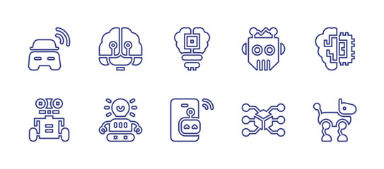 Artificial intelligence line icon set. Editable stroke. Vector illustration. Containing car, artificial intelligence, robot, smartphone, robotic do.