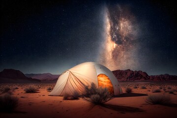 a tent in the desert with a view of the milky and a star filled sky above it, with a bright light shining on the tent. generative ai