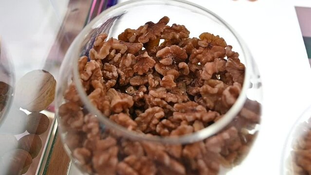 Closeups of Walnuts are displayed during the Gulf Food exhibition in Dubai, United Arab Emirates.
