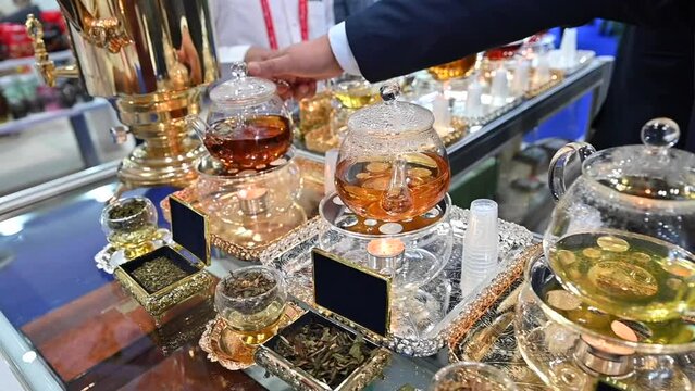 Types of tea are displayed during the Gulf Food Exhibition in the United Arab Emirates.