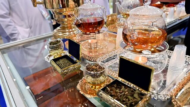 Types of green and black Tea displayed during the Gulf Food Exhibition in the United Arab Emirates