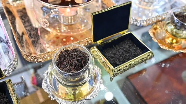 Types of green and black Tea displayed during the Gulf Food Exhibition in the United Arab Emirates