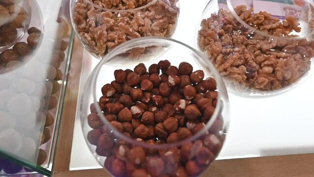 Closeup of Walnuts and Hazelnuts are displayed during the Gulf Food exhibition, United Arab Emirates