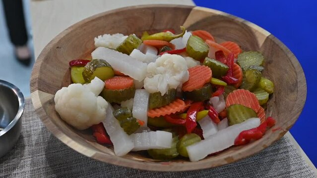 Mixed vegetable pickles are displayed during the Gulf Food exhibition, United Arab Emirates