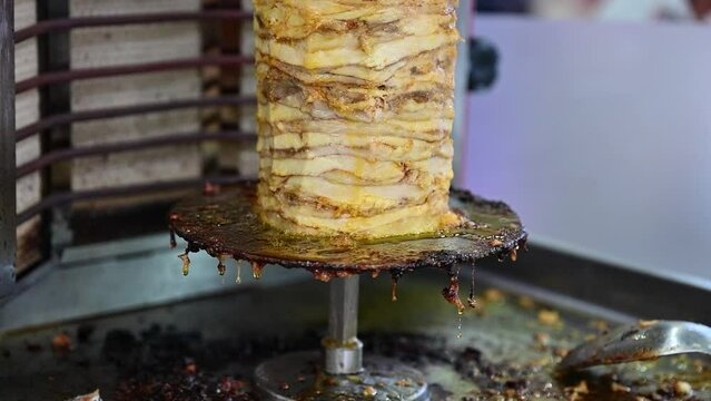 Chicken shawarma on the grill displayed during the Gulf Food Exhibition in the United Arab Emirates.