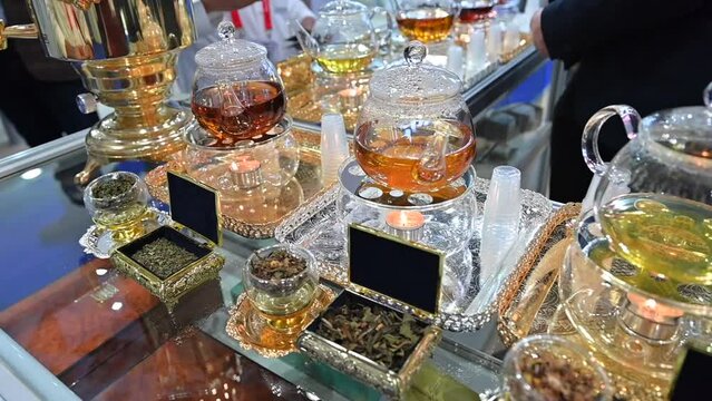Green and black Tea displayed during the Gulf Food Exhibition in the United Arab Emirates