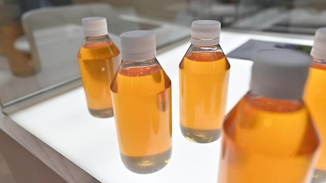Cooking oil samples are displayed during the Gulfood Exhibition in the United Arab Emirates.