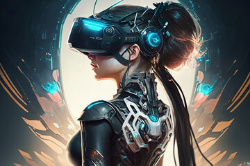 Girl in metaverse, Woman using futuristic VR headset in metaverse, Generative AI