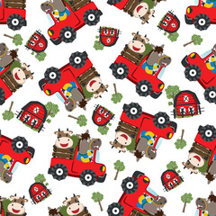 Fototapeta premium Seamless pattern of cute little horse driving a car go to forest funny animal cartoon,vector illustration. Vector illustration. T-Shirt Design for children. Design elements for kids.