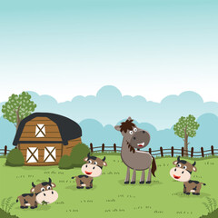 Obraz na płótnie Canvas Happy horse cartoon in the farm with barn and green field and little cow. Nature and country concept. Vector childish background for fabric textile, nursery wallpaper, poster and other decoration.