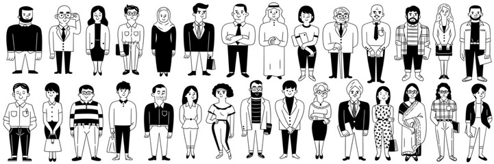 Cute character doodle illustration of many different businesspeople or office workers, multicultural concept, Arabian, african, asian, caucasian, sikhs, indian. Full length. Black and white ink style.