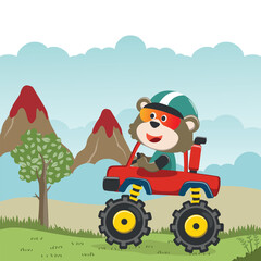Obraz na płótnie Canvas Vector illustration of monster truck with funny animal driver. Can be used for t-shirt print, kids wear fashion design, invitation card. fabric, textile, nursery wallpaper, poster and other decoration