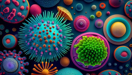 A colorful illustration of viruses, bacteria and microorganism cells. Generative AI, Generative, AI