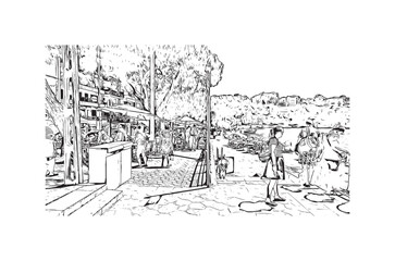 Building view with landmark of Porto Cristo is the 
town in  Spain. Hand drawn sketch illustration in vector.