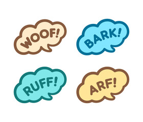 Dog bark animal sound effect text in a speech bubble balloon clipart set. Cute cartoon onomatopoeia comics and lettering.