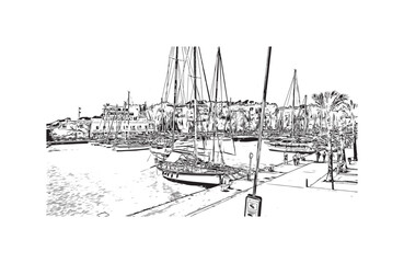 Building view with landmark of Porto Cristo is the 
town in  Spain. Hand drawn sketch illustration in vector.