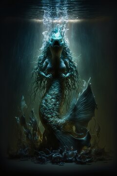 Scary Mermaid Full Body Grim Goomy Lighting Dark Image Generative AI