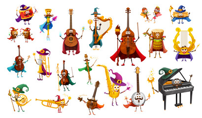 Cartoon musical instrument wizard, warlock, fairy and witch, magician and sorcerer characters or personages. Vector violin, guitar and harp, grand piano, saxophone and trumpet or flute with banjo © Vector Tradition