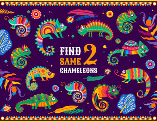 Find two same mexican chameleon lizards kids game worksheet. Vector match the similar pair of tropical reptiles riddle for children. Development puzzle, task or educational family leisure activity © Vector Tradition